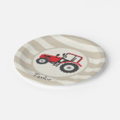 Red Farm Traktor auf Tan Stripes Pappteller (Schrägansicht)