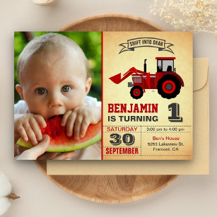 Red Farm Traktor Foto 1. Geburtstagsparty Einladung