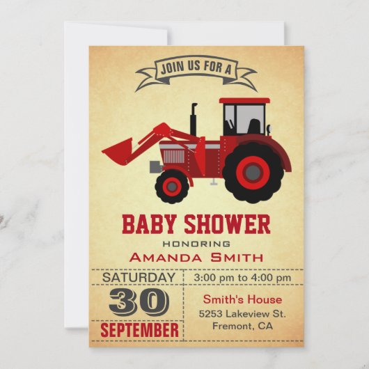 Red Farm Traktor Kinderdusche Einladung (Vorderseite)