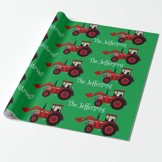 Red Farm Traktoren auf Green Christmas Wrapping Pa Geschenkpapier (Ungerollt)