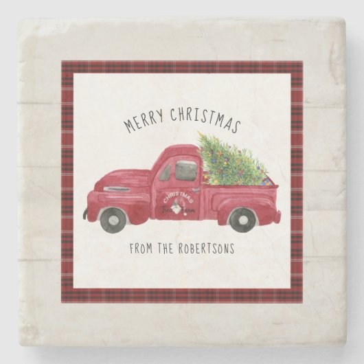 Red Farm Truck Frohe Weihnachten Rustikaler Holzba Steinuntersetzer (Vorderseite)