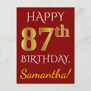 Red, Faux Gold 87th Birthday + Custom Name Postkarte