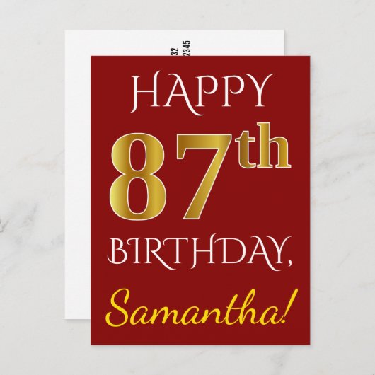 Red, Faux Gold 87th Birthday + Custom Name Postkarte (Vorne/Hinten)