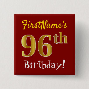 Red, Faux Gold 96th Birthday, With Custom Name Button