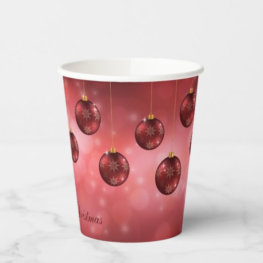 Red Festivals Baubles on Red Bokeh Pappbecher (Links)