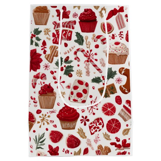Red Festive Christmas Pattern | Gift Bag Mittlere Geschenktüte (Rückseite)