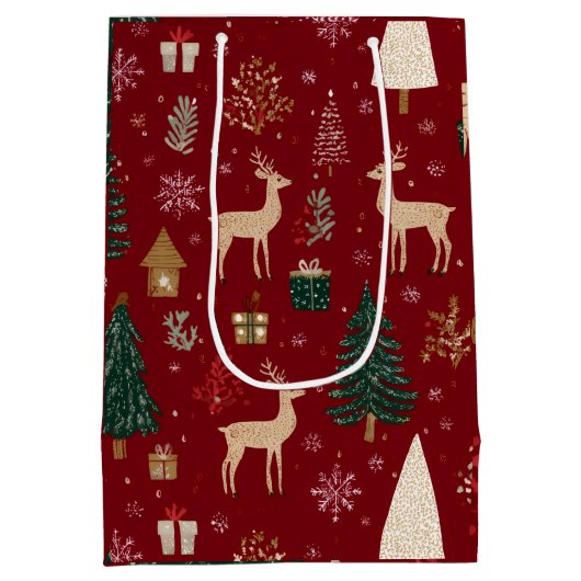 Red Festive Christmas Whimsical Pattern Gift Bag Mittlere Geschenktüte (Rückseite)