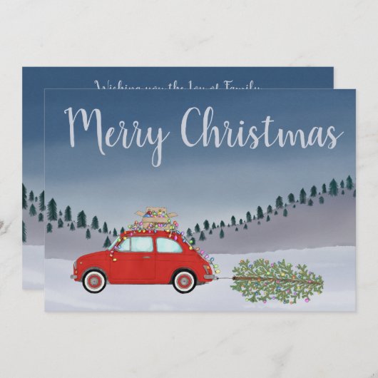 Red Fiat 500 mit Weihnachtsbaum Frohe Weihnachten (Vorne/Hinten)