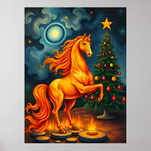 Red Fiery Horse am Weihnachtsbaum & Mondfest Poster