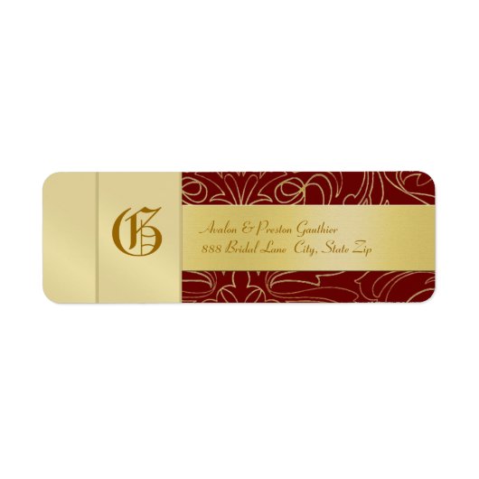Red Filigree Gold Monogram Wedding Address Label (Vorne)