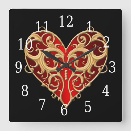 Red Filigree Heart Clock Quadratische Wanduhr (Vorderseite)