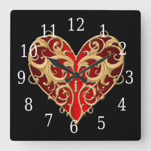 Red Filigree Heart Clock Quadratische Wanduhr
