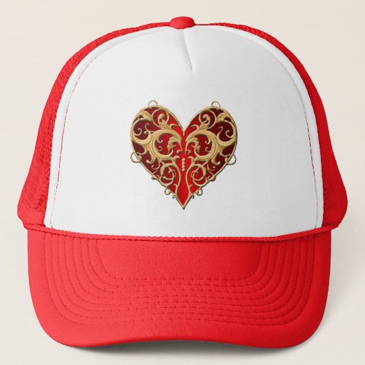 Red Filigree Heart Hat Truckerkappe (Vorderseite)