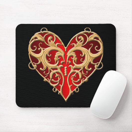 Red Filigree Heart Mouse Pad Mousepad (Mit Mouse)