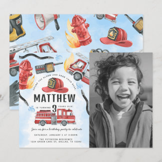 Red Fire Motor Truck Birthday Party Einladung