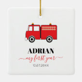 Red Fire Truck Baby First Year Foto Collage Keramikornament (Rückseite)