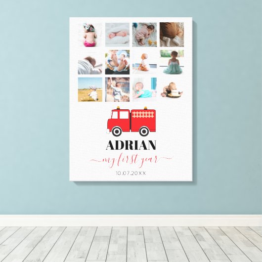 Red Fire Truck Baby First Year Foto Collage Leinwanddruck (Insitu (Holzboden))