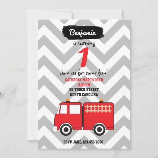 Red Fire Truck Birthday Einladung für Junge oder M (Vorderseite)