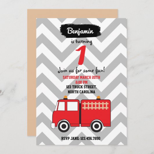 Red Fire Truck Birthday Einladung für Junge oder M (Vorne/Hinten)