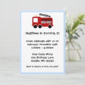 Red Fire Truck Blue Border Birthday Boy Einladung (Stehend Vorderseite)