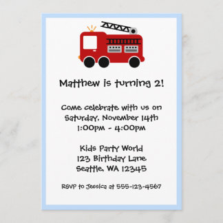 Red Fire Truck Blue Border Birthday Boy Einladung