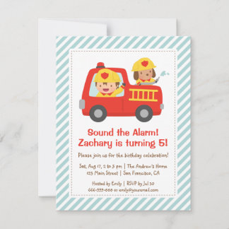 Red Fire Truck Fighter Boy and Hund Geburtstagspar Einladung