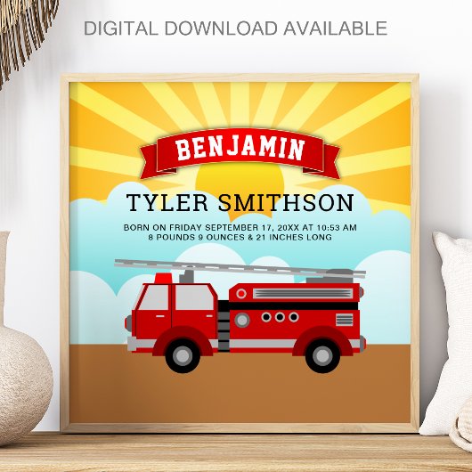 Red Fire Truck Firefighter Baby Birth Stats Poster