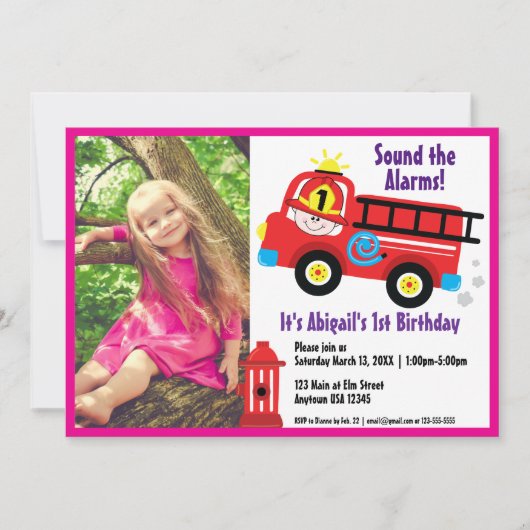 Red Fire Truck Happy Fireman Niedlicher Cartoon Ze Einladung (Vorderseite)