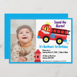 Red Fire Truck Happy Fireman Niedlicher Cartoon Ze Einladung