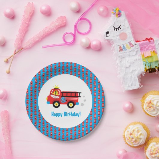 Red Fire Truck Lächeln Feuerwehrmann Pappteller (Party)