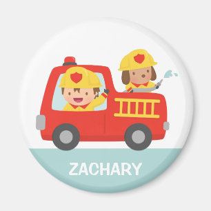 Red Fire Truck mit Feuerwehrmann und Welpe Magnet