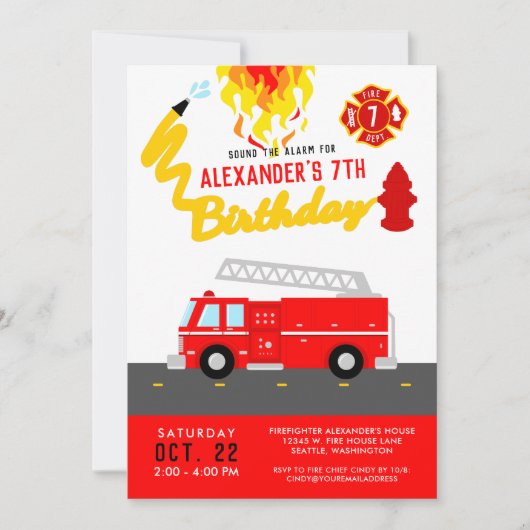 Red Fire Truck Party Thema Feuerwehrmann Geburtsta Einladung (Vorderseite)