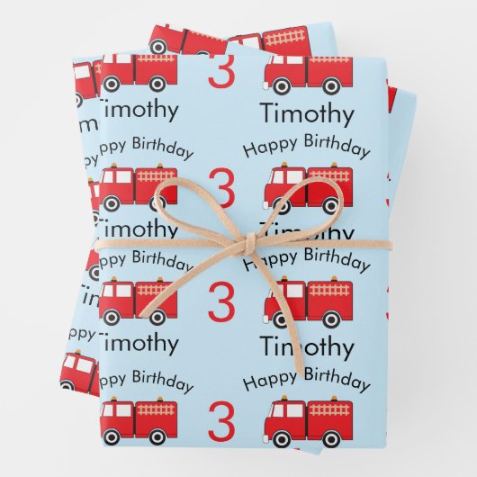 Red Fire Truck Pattern Boy's Name & Age Birthday Geschenkpapier Set (Beispiel)