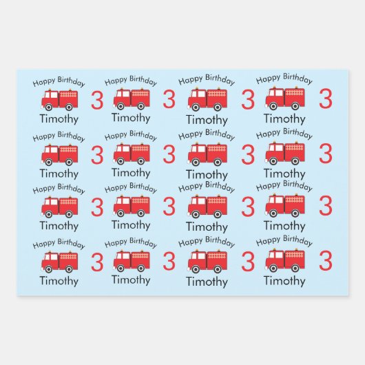 Red Fire Truck Pattern Boy's Name & Age Birthday Geschenkpapier Set (Vorderseite)