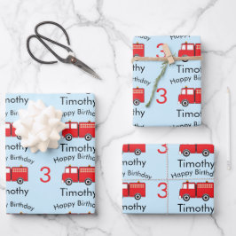 Red Fire Truck Pattern Boy's Name & Age Birthday Geschenkpapier Set