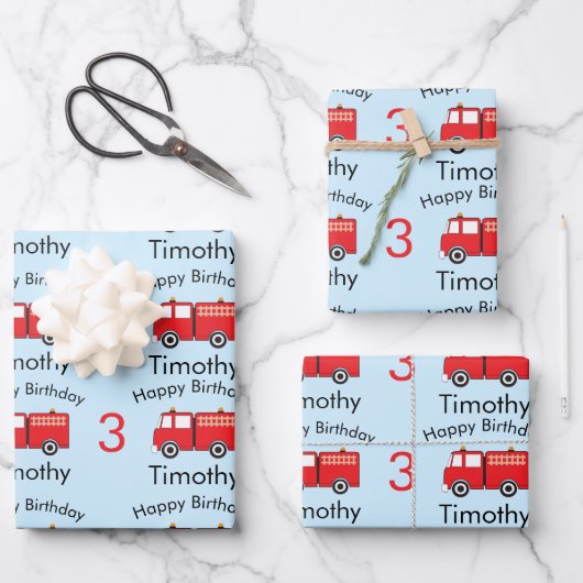 Red Fire Truck Pattern Boy's Name & Age Birthday Geschenkpapier Set (Vorderseite)