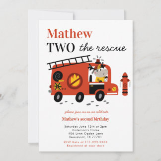 Red Fire Truck Two The Rescue 2nd Boy Birthday  Einladung