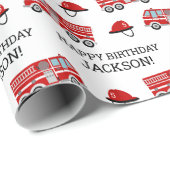 Red Fire Truck und Hat Personalisierten Geburtstag Geschenkpapier (Rolleneckpunkt)