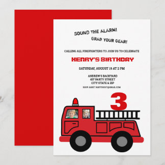 Red Fire Truck Zwei Fotos Geburtstag Einladung