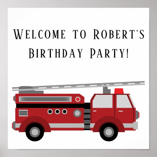 Red Firetruck White Geburtstagsparty Poster (Vorne)