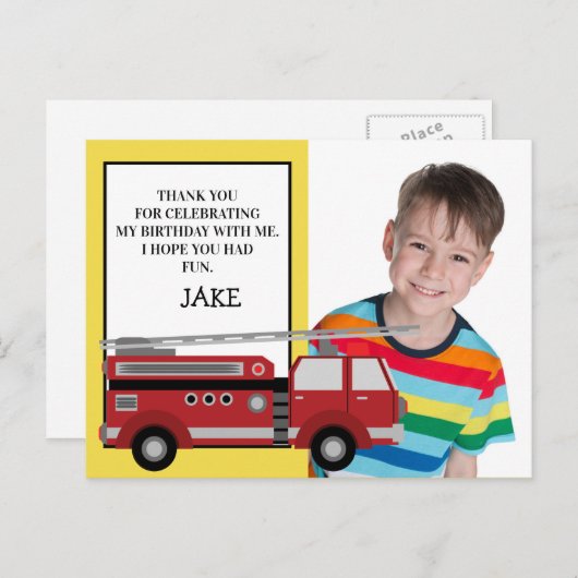 Red Firetruck Yellow Birthday Foto Vielen Dank Postkarte (Vorne/Hinten)