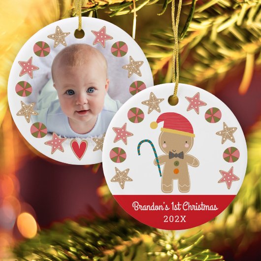 Red First Christmas Baby Foto Gingerbread Boy Keramik Ornament