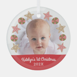 Red First Christmas Baby Foto Girl Cookie Wreath Ornament Aus Glas