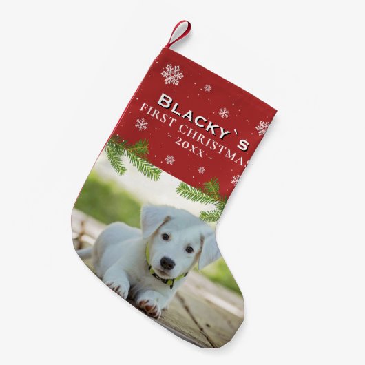 Red First Christmas Puppy Foto Pine Snowflake Kleiner Weihnachtsstrumpf (Vorderansicht (hängend))
