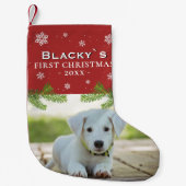 Red First Christmas Puppy Foto Pine Snowflake Kleiner Weihnachtsstrumpf (Vorderseite)