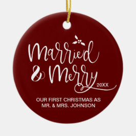 Red First Christmas Verheiratet und Merry Foto Keramik Ornament