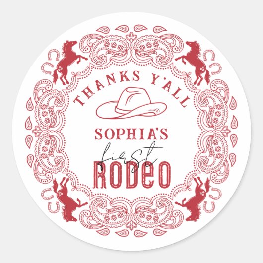 Red First Rodeo Birthday Favor Sticker - Western C (Vorderseite)
