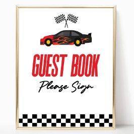 Red Flame Race Car Guest Book Party Sign Poster