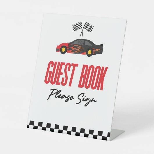 Red Flame Race Car Guest Book Party Sockelschild (Vorderseite)