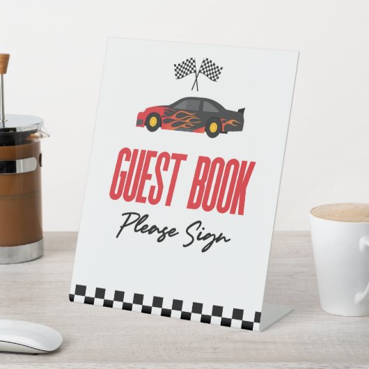 Red Flame Race Car Guest Book Party Sockelschild (In SItu)